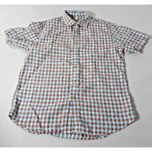 Jos A Bank Linen Shirt Mens Large Check Plaid Blue White Red Short Sleeve Casual